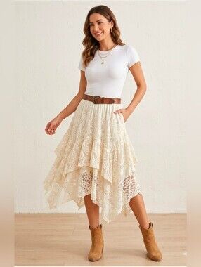 Rareraw Failrycore Asymmetrical Lace Skirt In Cream, Medium